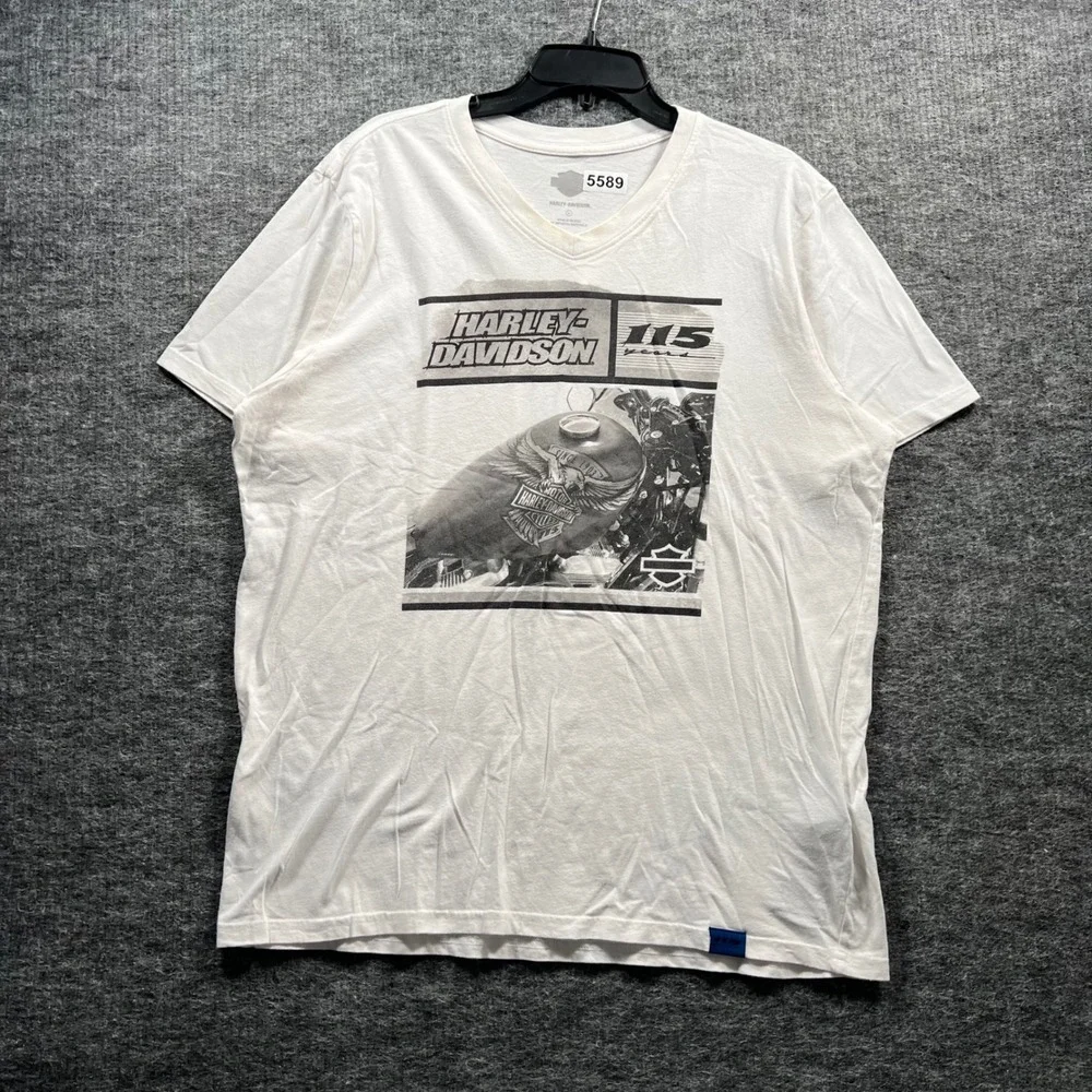 Harley-Davidson 115th Anniversary Mens White V-Neck Graphic T-Shirt XL 5589